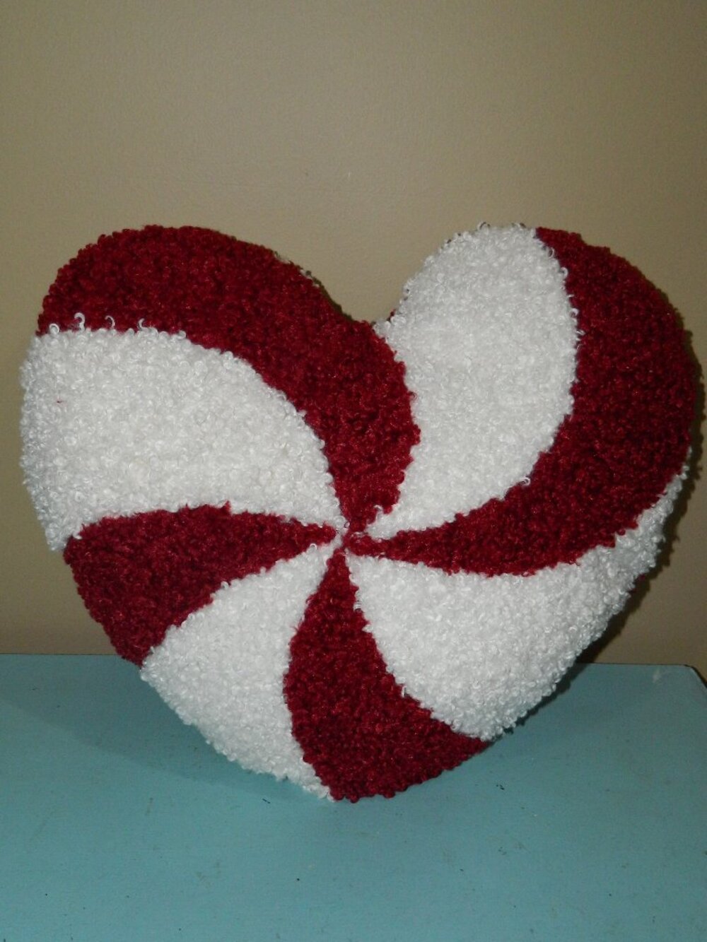 Pottery Barn Peppermint Swirl Cozy Faux Fur Heart Shaped Pillow Candy